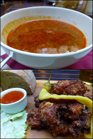 Figure 10: Tomato(?) soup (top); fried chicken wings with spicy dip (bottom).