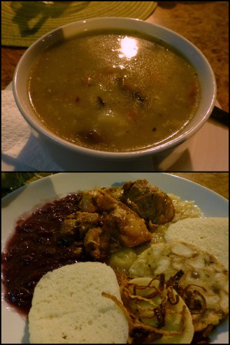 Figure 5: Mushroom/potato soup (top); potato pancake with red cabbage and chicken(?) (bottom).