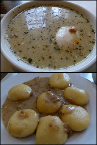 Figure 6: White borsch with boiled egg (top); potato dumplings with gravy (bottom).
